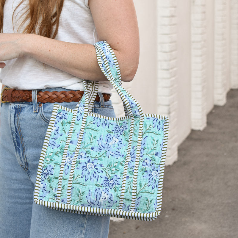 Queens Designs MINI QUILTED TOTE BAG Periwinkle Flowers Jade Leaves on Seafoam Olive Stripe 5