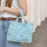 Queens Designs MINI QUILTED TOTE BAG Periwinkle Flowers Jade Leaves on Seafoam Olive Stripe 5"