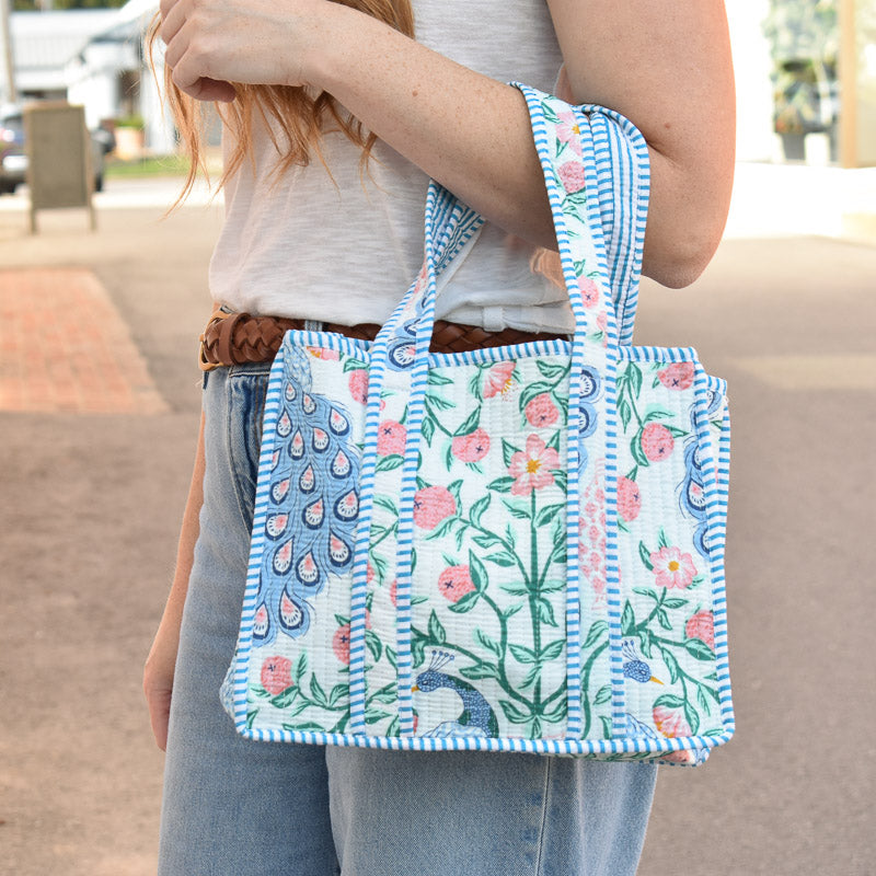 Queens Designs MINI QUILTED TOTE BAG Blue Peacock Multi on White Blue Stripe 5