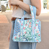 Queens Designs MINI QUILTED TOTE BAG Blue Peacock Multi on White Blue Stripe 5"