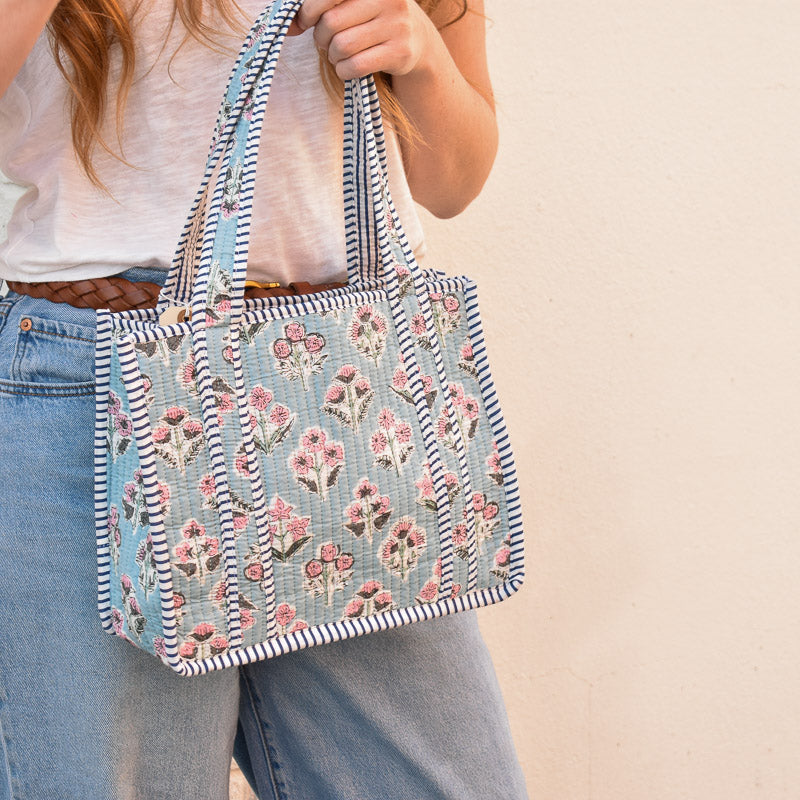 Queens Designs MINI QUILTED TOTE BAG Pink Block Print Flowers on Sky Blue Navy Stripe 5