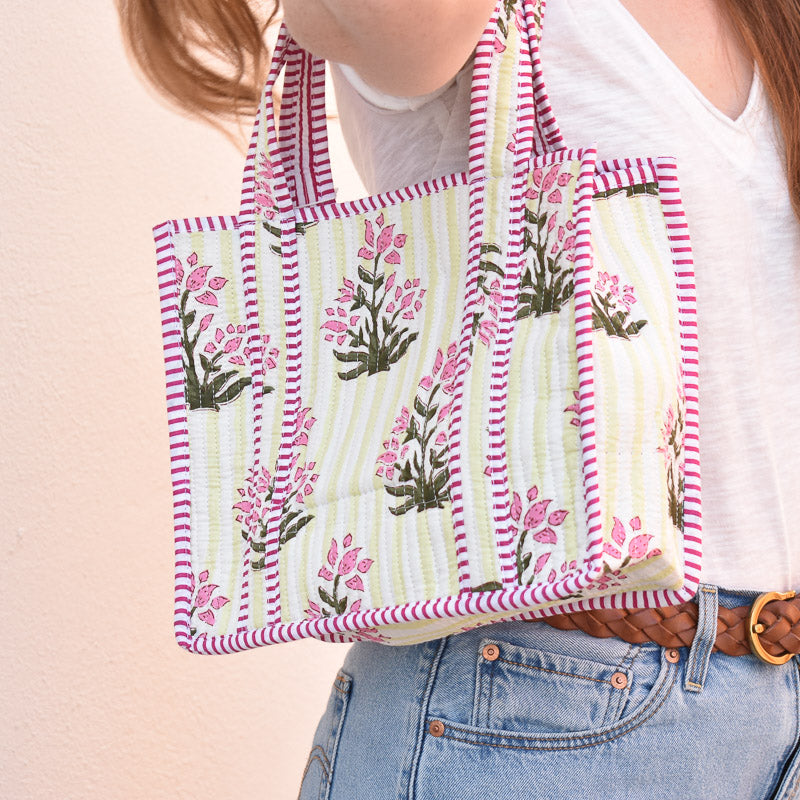 Queens Designs MINI QUILTED TOTE BAG Pink Flowers on Yellow Stripes Dark Pink Stripe 5