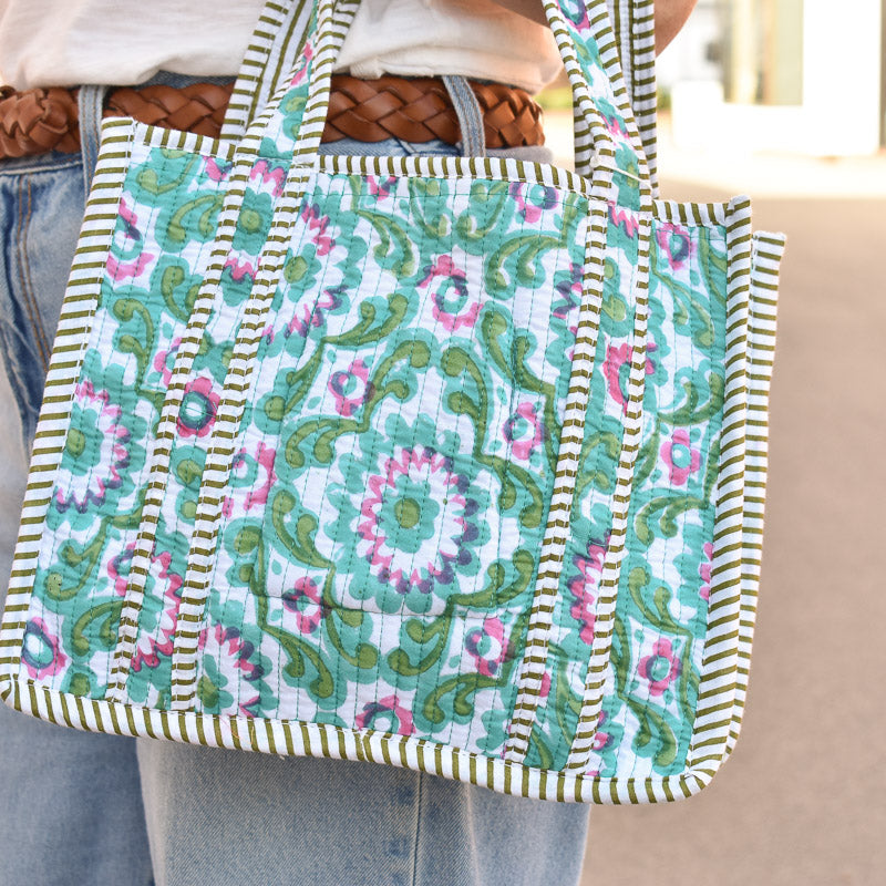 Queens Designs MINI QUILTED TOTE BAG Pink Green Jade Flowers on White Olive Stripe 5