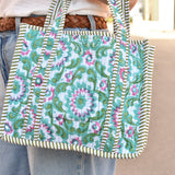 Queens Designs MINI QUILTED TOTE BAG Pink Green Jade Flowers on White Olive Stripe 5"