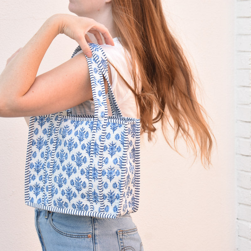 Queens Designs MINI QUILTED TOTE BAG Blue Block Print Flowers on White Navy Stripe 5