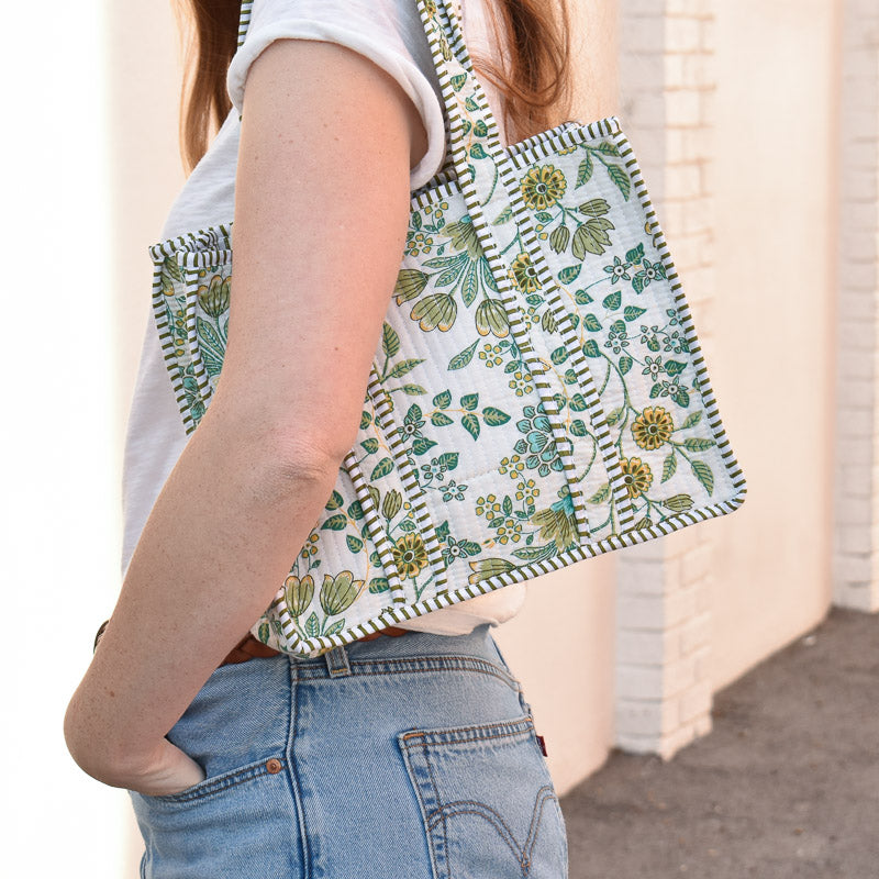 Queens Designs MINI QUILTED TOTE BAG Yellow Flowers Olive Green Leaves on White Olive Stripe 5