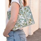 Queens Designs MINI QUILTED TOTE BAG Yellow Flowers Olive Green Leaves on White Olive Stripe 5"