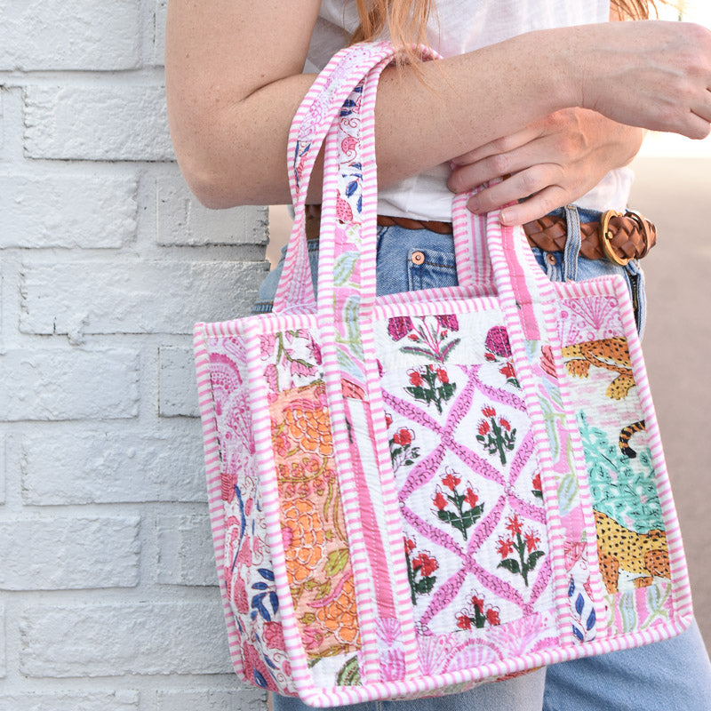 Queens Designs MINI QUILTED TOTE BAG Cheetah on Pink Multi Pink Stripe 5