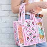 Queens Designs MINI QUILTED TOTE BAG Cheetah on Pink Multi Pink Stripe 5"
