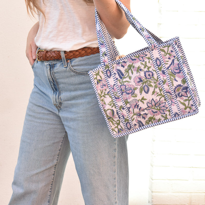Queens Designs MINI QUILTED TOTE BAG Pink Violet Flowers Green Vines on White Blue Stripe 5