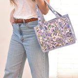 Queens Designs MINI QUILTED TOTE BAG Pink Violet Flowers Green Vines on White Blue Stripe 5"