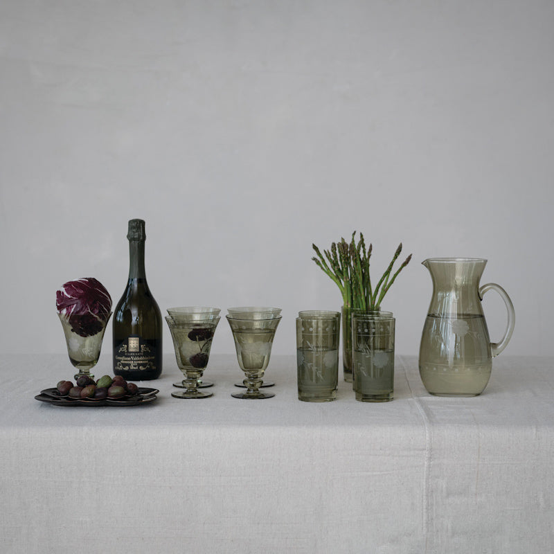Creative Co-op GREEN ETCHED BOTANICALS GLASS PITCHER
