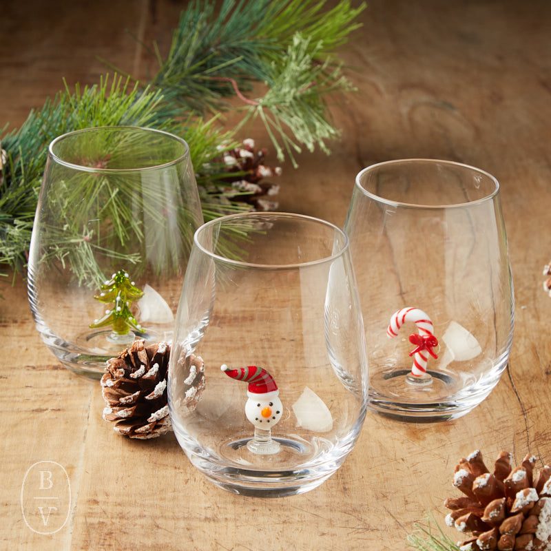 Creative Co-op Holiday Stemless Wine Glass with Festive Figures (Santa, Reindeer, Snowman)