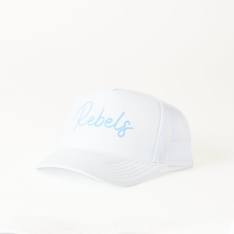 Littlebrightbird GAMEDAY PUFF SCRIPT TRUCKER HAT Rebels White