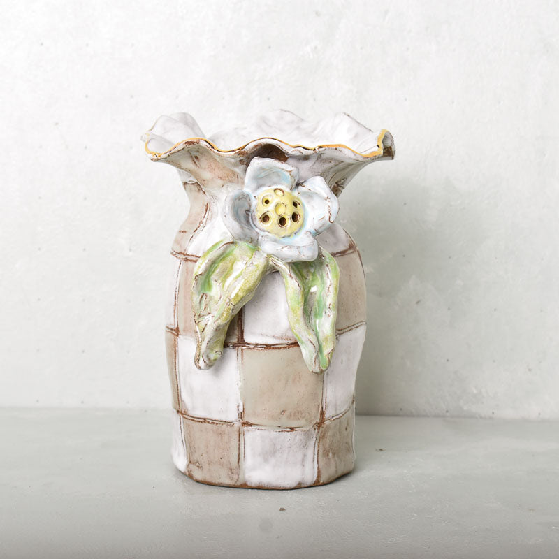 Dixie Pottery GOLD RIM SAK VASE NO 1 Mocha Check