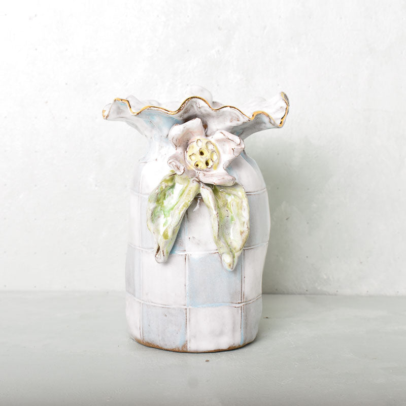 Dixie Pottery GOLD RIM SAK VASE NO 1 Blue Check