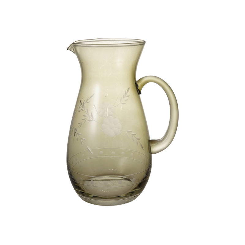 Creative Co-op GREEN ETCHED BOTANICALS GLASS PITCHER