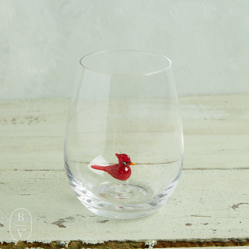 Creative Co-op Holiday Stemless Wine Glass with Festive Figures (Santa, Reindeer, Snowman) Cardinal