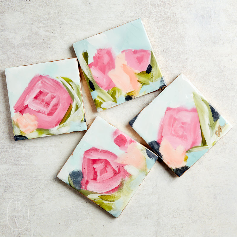 Haley Farris Fine Art FLORAL COASTER SET Dark Pink