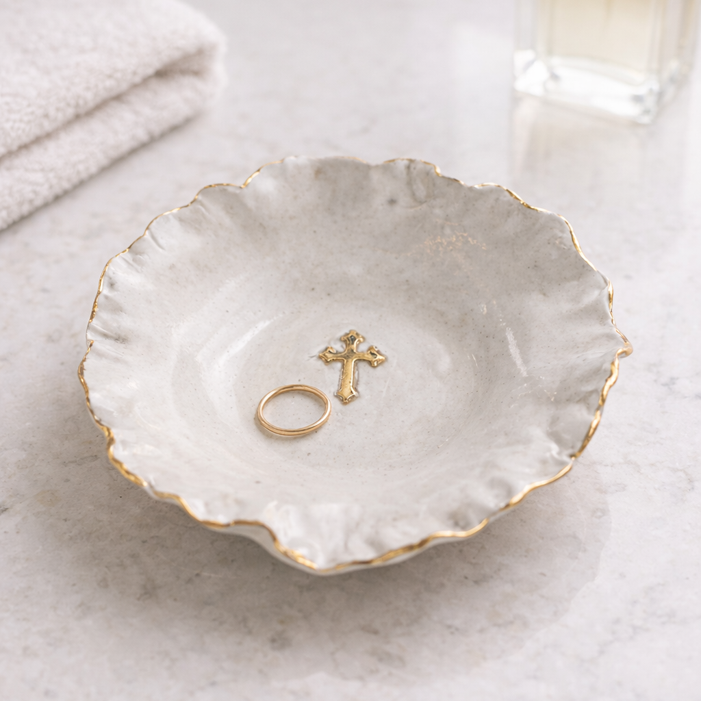 Dixie Pottery GOLD LUSTER CROSS ASPEN RING DISH White
