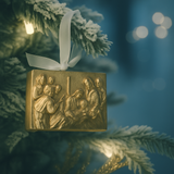 Gold Christmas ornament with Christian birth of our Lord and Savior. Jesus.