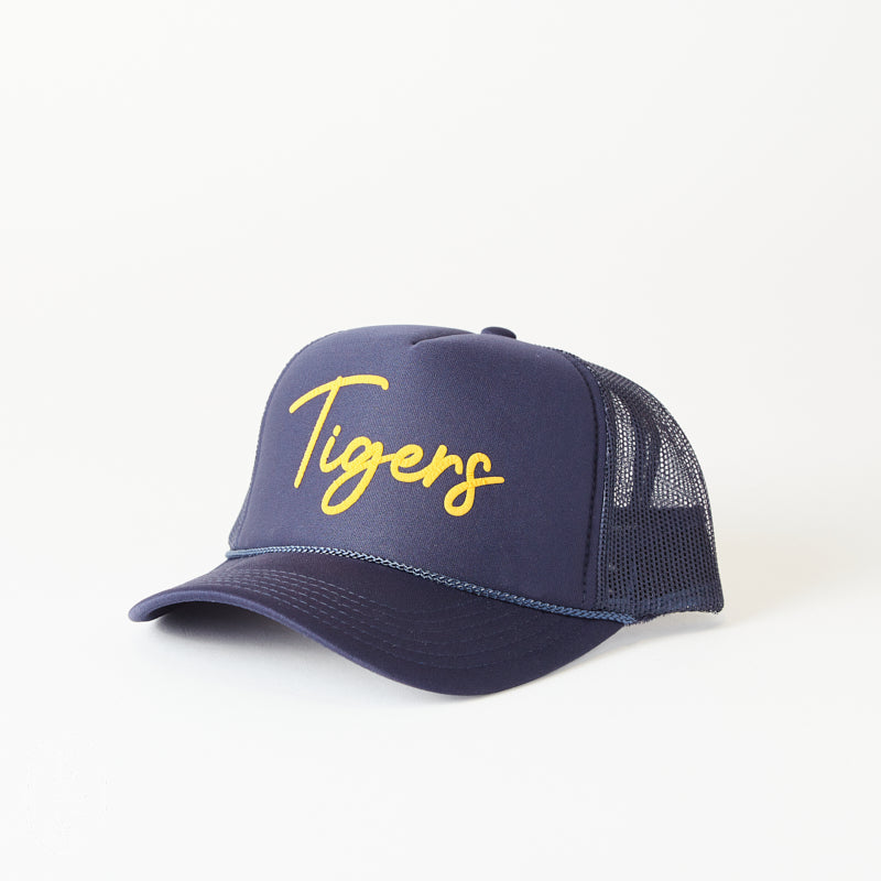 Littlebrightbird GAMEDAY PUFF SCRIPT TRUCKER HAT Tigers Navy