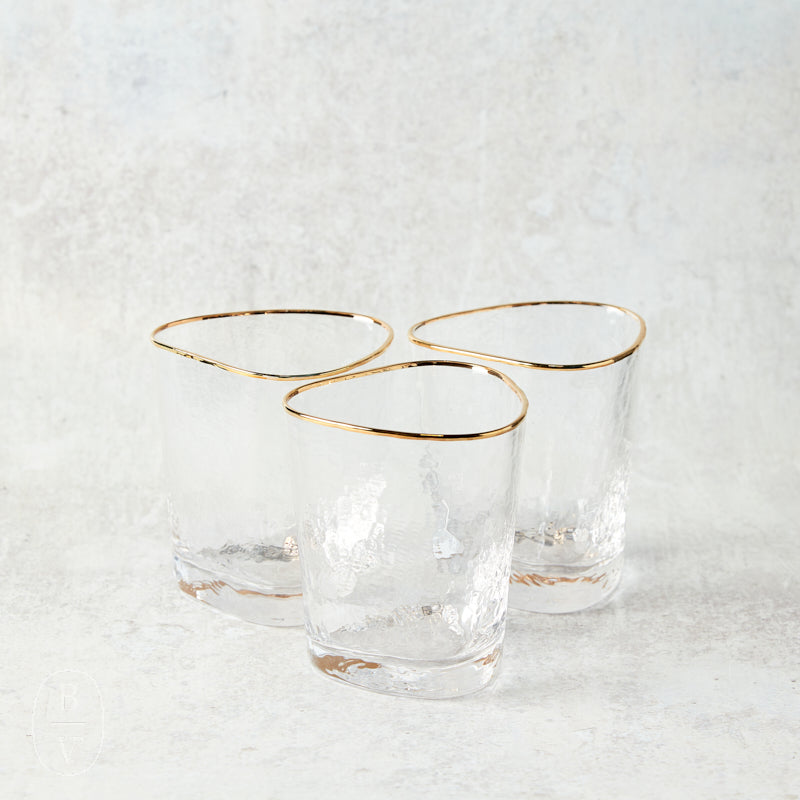 Zodax APERITIVO TRIANGULAR DOUBLE OLD FASHIONED GLASS Clear Gold Rim