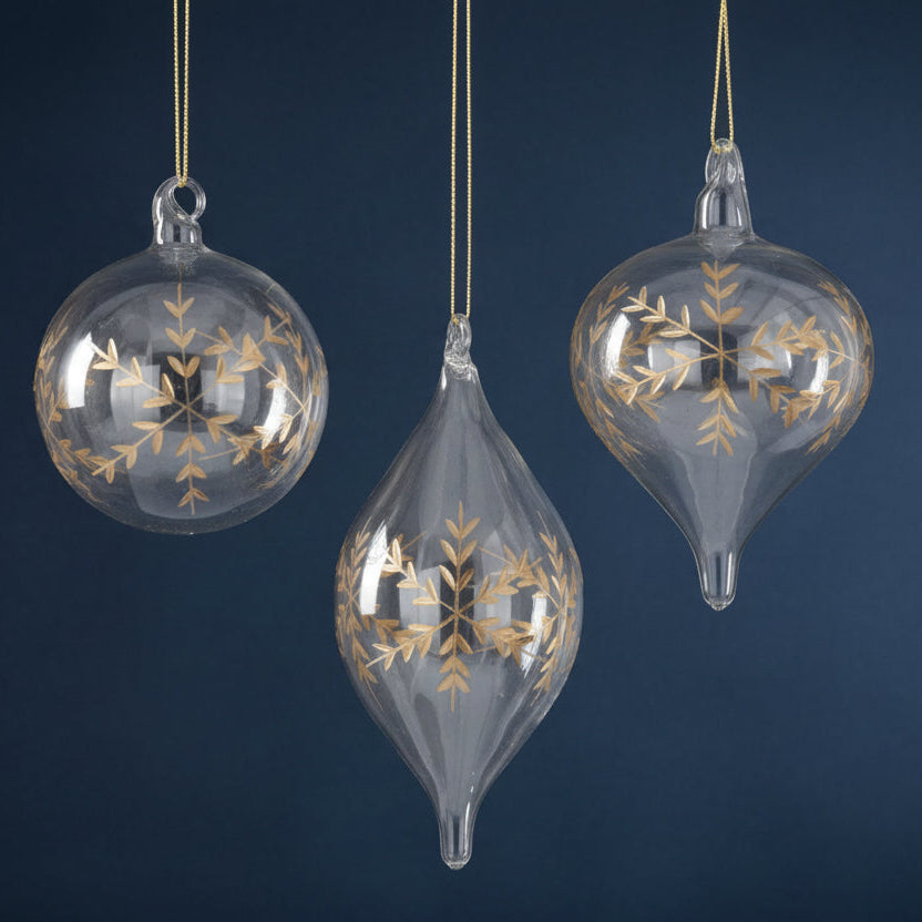 K and K Interiors CLEAR GLASS GOLD ETCHED SNOWFLAKE ORNAMENTS