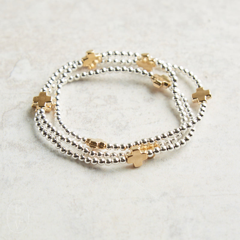eNewton Design SIGNATURE CROSS STERLING MIXED METAL PATTERN BEAD BRACELET Gold 3mm