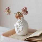 WHITE STONEWARE VASE WITH 3D FLOWERS