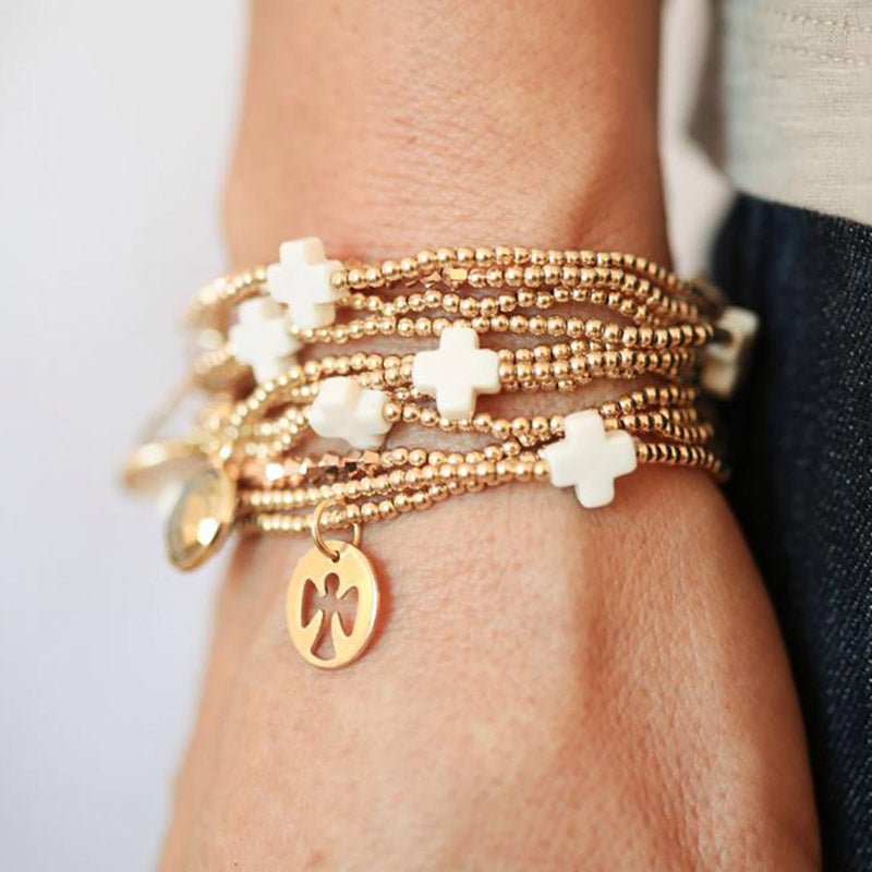 eNewton Design EXTENDS SIGNATURE CROSS GOLD PATTERN BEAD BRACELET 7.25