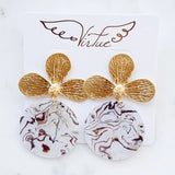 Virtue GOLD LOTUS FLOWER POST ACRYLIC CIRCLE DISC EARRINGS White Marble