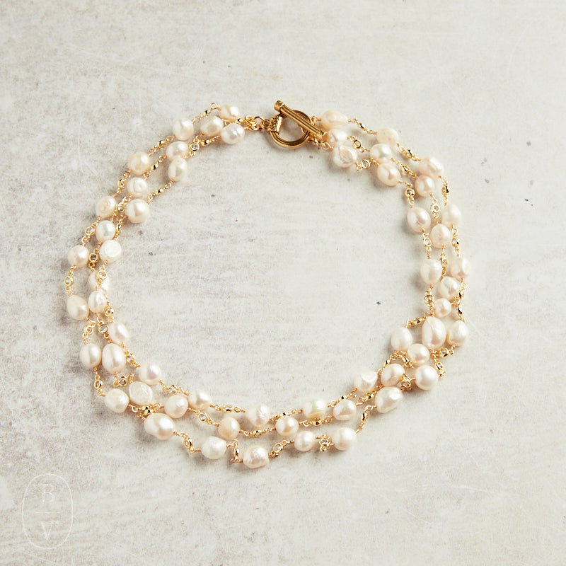 Virtue PEARL ROSARY TRIPLE LAYER NECKLACE PLAIN White Gold