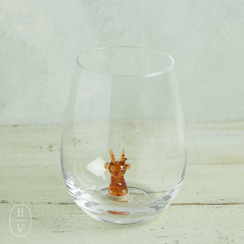 Creative Co-op Holiday Stemless Wine Glass with Festive Figures (Santa, Reindeer, Snowman) Reindeer