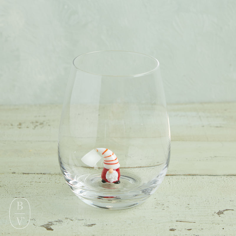 Creative Co-op Holiday Stemless Wine Glass with Festive Figures (Santa, Reindeer, Snowman) Gnome