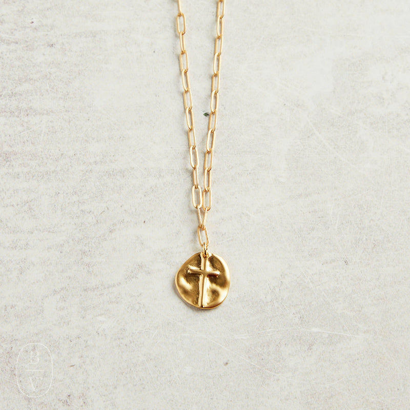 Virtue GOLD PAPERCLIP RAISED CROSS COIN NECKLACE Gold 16