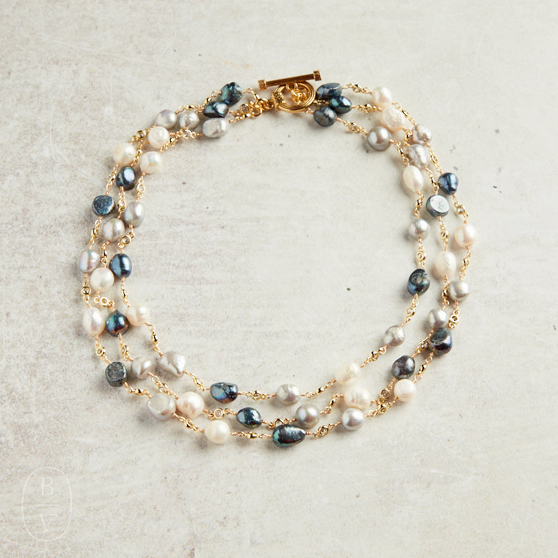 Virtue PEARL ROSARY TRIPLE LAYER NECKLACE PLAIN Peacock Grey Mix Gold