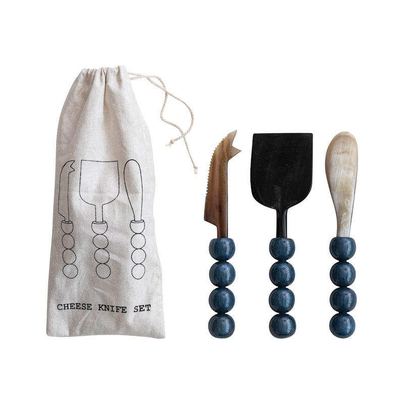 Creative Co-op NATURAL HORN CHEESE KNIVES WITH RESIN HANDLES SET OF 3 Blue
