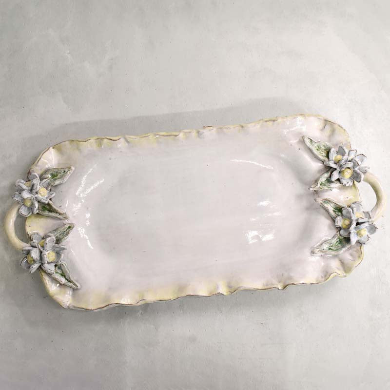 Dixie Pottery BARBARA JEAN FLOWERS AND HANDLES TRAY White