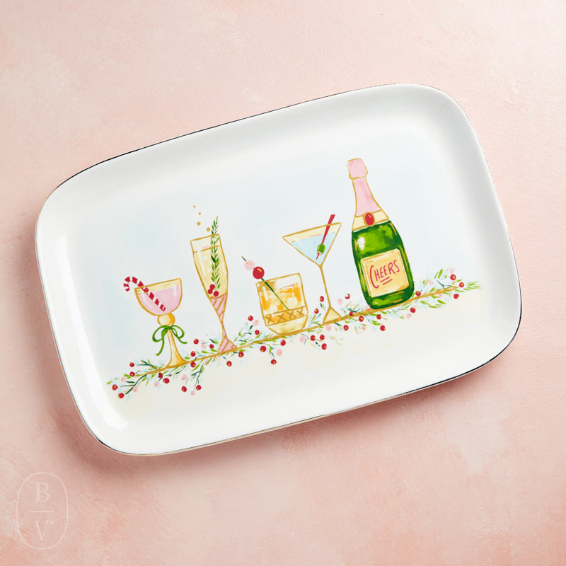 Creative Co-op STONEWARE PLATTER HOLIDAY COCKTAILS WITH GOLD RIM 15x10