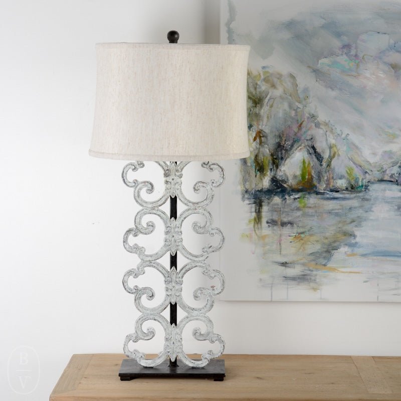 Ferro Designs IRON CLOVER SCROLL LAMP WITH IRON BASE White 17 Drum Shade