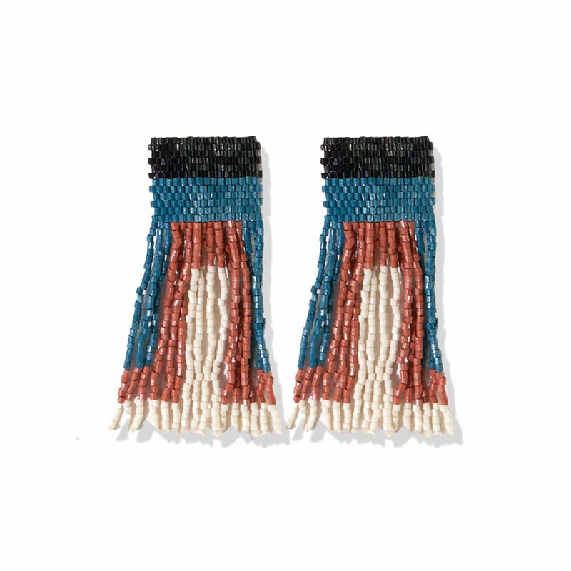Ink and Alloy COLORBLOCK SHORT LUXE FRINGE POST EARRINGS Black_Peacock_Rust