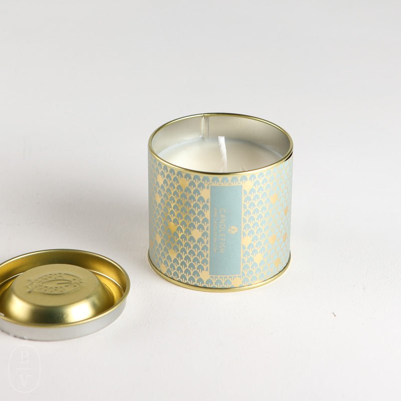 Candlefish EMBOSSED LID GOLD TIN CANDLE No 9 7 Oz