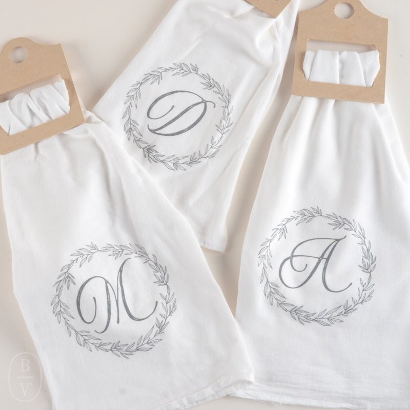 WHITE CLOTH INITIAL WREATH TOWEL - Clairmont and Co