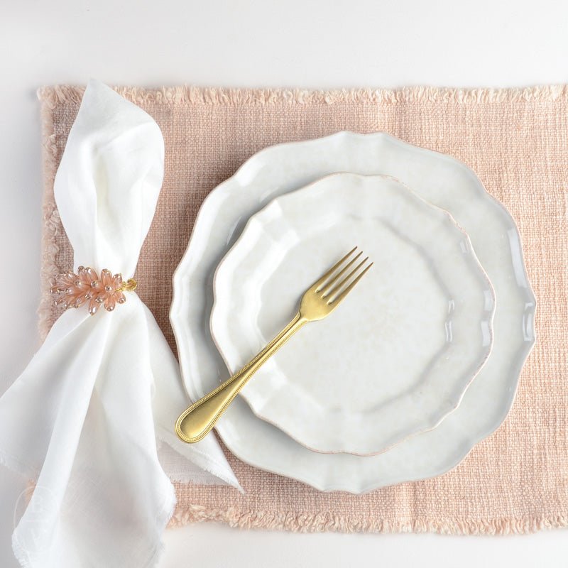 Pastel Pink Linen Round Table Mats With Scallop Edges in White 