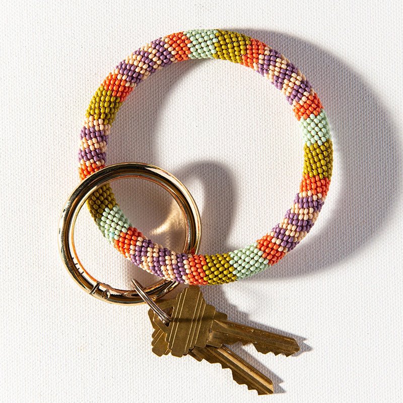 INK+ALLOY Ivory Gold Stripe Seed Bead Key Ring - Gold