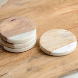 Creative Co-op ROUND MARBLE WOOD COASTER SET OF 4