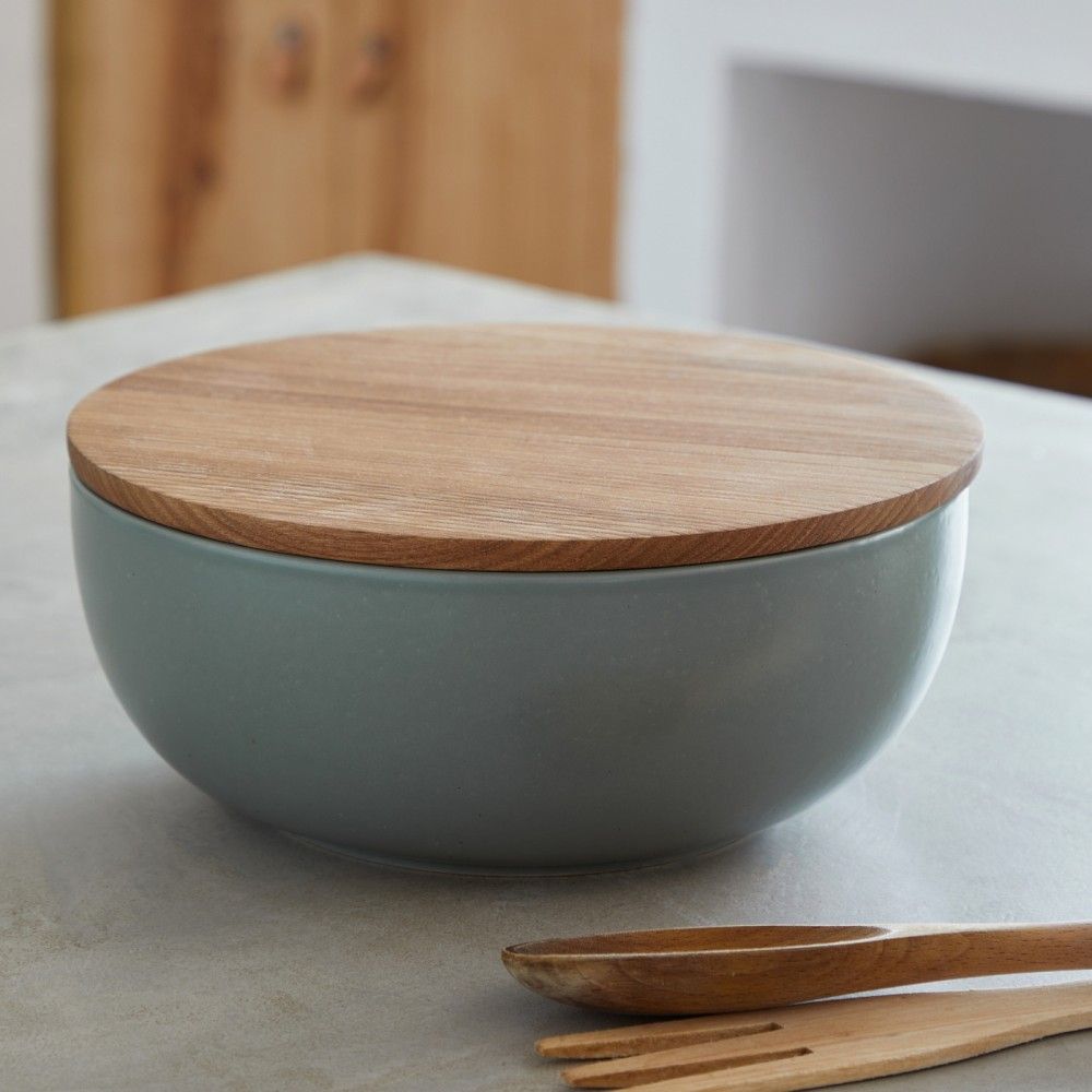 Casafina PACIFICA SERVING BOWL WITH OAK WOOD LID Artichoke Green