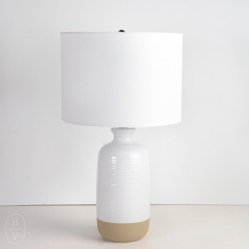 Jamie Young Company ASHWELL CERAMIC TABLE LAMP White Drum Shade Cream Linen