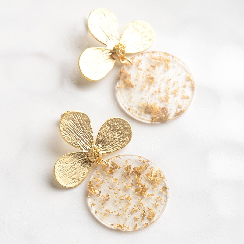 Virtue GOLD LOTUS FLOWER POST ACRYLIC CIRCLE DISC EARRINGS Gold Fleck